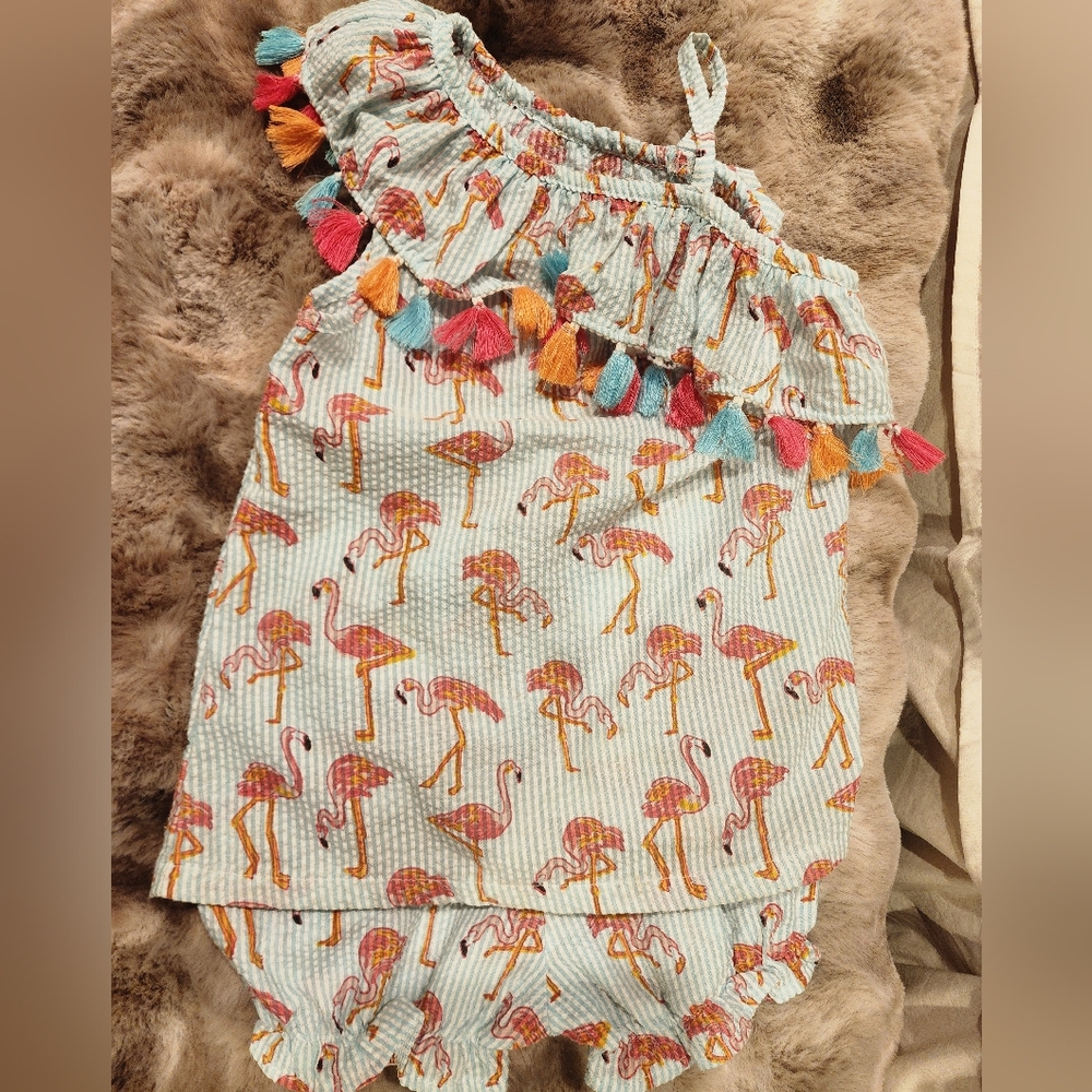 Flamingo Print Dress with Tassels